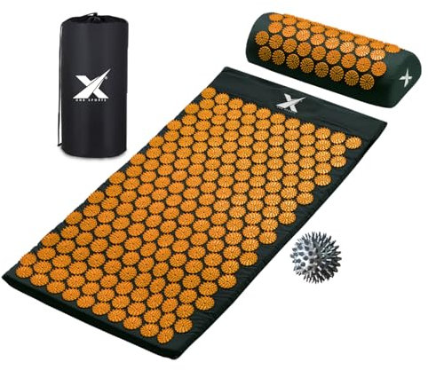XN8 Yoga-Akupressurmatte, Kissen-Set, Akupunktur, Reflexzonen-Matte für Massage, Schmerzlinderung, Stressreduzierung, Therapie, Entspannung, mit Tragetasche und Gurt (Schwarz/Orange)