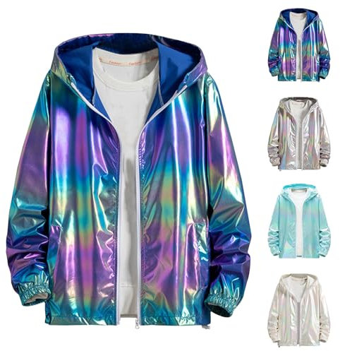 UHouse Party Jacke Herren Karneval Kostüm Glitter Disco Outfit 80er Jahre Herren-Jacken Glänzende Sportjacke mit Kapuze Vintage Kapuzenjacke Bunte Softshelljacke Dunkelblau XXL