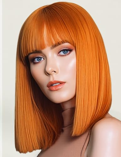 PARXITN Kurze Bob Orange Haar Perücken Gerade mit Flach Pony 12 zoll/30 cm Synthetische Bunte Cosplay Halloween Karneval Fasching Tägliche Party Perücke für Frauen