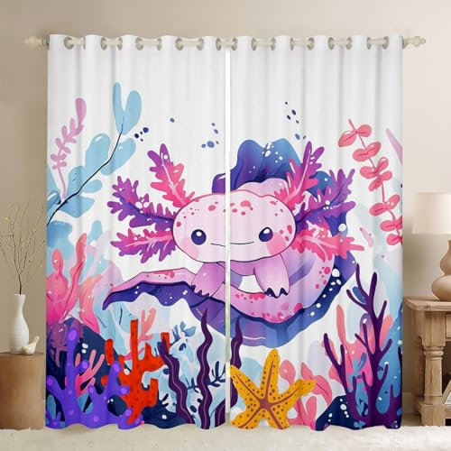 feelingyou Nette Axolotl Fenster Vorhänge, Cartoon Ocean Sealife Küche Fenster Behandlungen, Kawaii Salamander lila Coral Fenster Vorhänge für Home Decor, 2 Panels, L Größe,Guter Schattierungseffekt