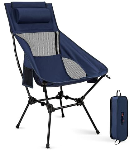 Campingstuhl Hochlehner Faltbar 150kg, Ultraleichter Tragbar Klappstuhl mit Kopfstütze 2 Seitentaschen, Kompakter Angelstuhl Klappbar mit Tragetasche für Camping, Strand, Outdoor und Wandern