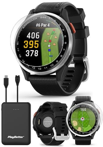 Garmin Approach S44 (Silver/Black) Golf GPS Smartwatch Bundle - 1.2 AMOLED Display, On-Course Features & 15H Battery Life with PlayBetter Screen Protectors & 5000mAh Portable Charger