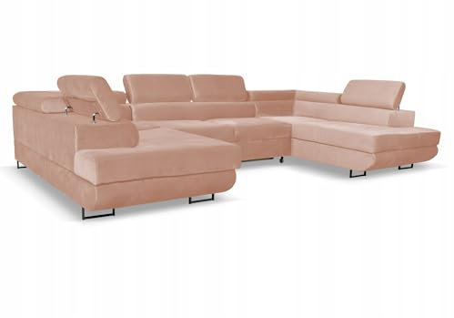 Family Meble Ecksofa, Modell Bosso Big, Schlaffunktion, Freistehendes, Ausklappbares, Behälter für Bettwäsche, Strapazierfähiges Material, Schmutzabweisend, für Wohnzimmer, Schlafzimmer, Dunkelbeige