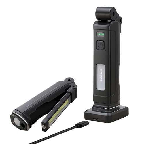 SuperFire LED Arbeitsleuchte Wiederaufladbar, Werkstattlampe Taschenlampe COB Inspektionsleuchten Worklight,3 Dimmstufen, Handlampe mit Magnet und Haken für Auto-Inspektionslicht Notfall
