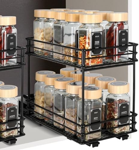 VINATO Portaspezie Scorrevole a 2 Livelli – Organizzatore Cucina Salvaspazio con Guide, Portaoggetti per Dispensa (26x15x21,8 cm)