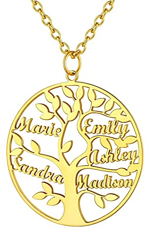U7 Collier Arbre de Vie 5 Prénoms Maman Enfant Famille Personnalisable Plaqué Or Pendentif 5 Noms d'Arbre Généalogique à Graver