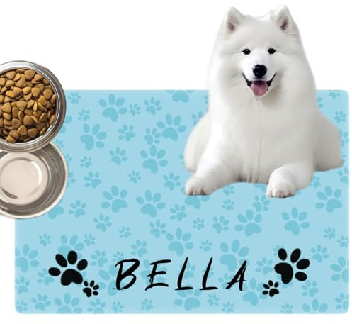 Tapis de Nourriture pour Chien Personnalisé Antidérapant Imperméable pour Nourriture et Eau Tapis d'alimentation Personnalisé pour Animaux de Compagnie avec Nom, Cadeaux pour Chiens et Chats Matériau