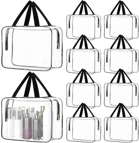 10 Pack Large Clear Makeup Bags Bulk, Plastic Toiletry Bag with Handle | Multipack, Waterproof Cosmetic Bags for Women & Girls, Transparent Storage Cases with Zipper for Beach Traveling Shopping