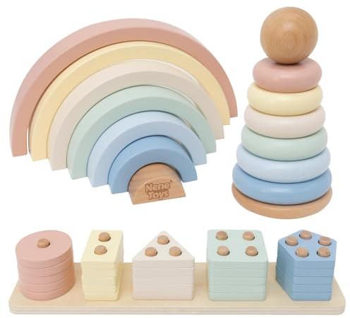 Nene Toys Giocattolo Montessori in Legno 3-in-1 per Bambini 1 Anno – Arcobaleno in Legno, Torre da Impilare & Gioco di Incastro – Gioco Educativo 1–3 Anni – Idea Regalo Bimba Bimbo – Colori Pastello