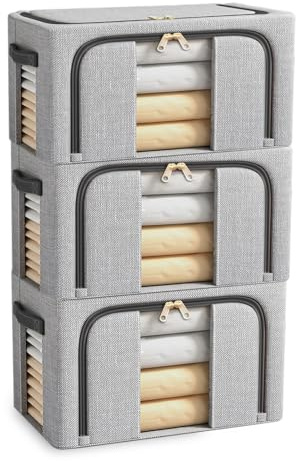 BOUDOI Foldable Storage Boxs Bags Organiser,3 Pack Clothes Storage Boxes With Double Opening Zip Clear Window, Sided Zip Top Lid, Closet Wardrobe Box for Storing Bedding, Blankets，Duvets