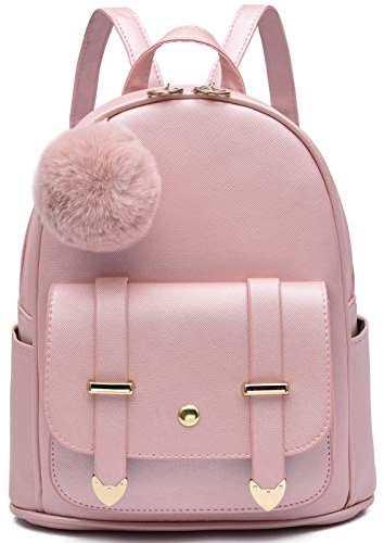 I IHAYNER Mini Rucksack Damen PU Leder Kleine Handtasche mit Pompom Anhänger – Leichter Daypack für Alltag, Schule, Reisen & Freizeit Gold Rosa