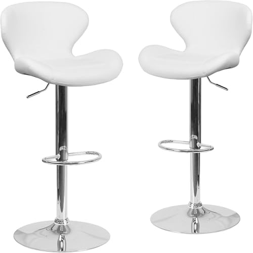 FWStyle Set of 2 White Faux Leather Bar Stools with Adjustable Height and 360 Degree Swivel, Chrome Base Breakfast Bar Chairs with Footrest, Modern Kitchen Seating Set