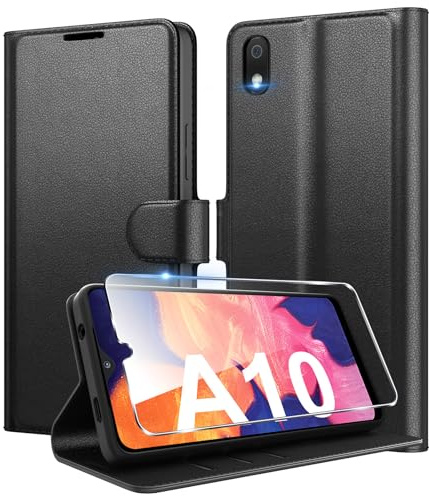 Eirltiy Coque pour Samsung Galaxy A10 en Premium Cuir PU, Portefeuille Housse Etui pour Cartes Protection Anti-Choc Flip Case avec 1 Verre Trempé Noir
