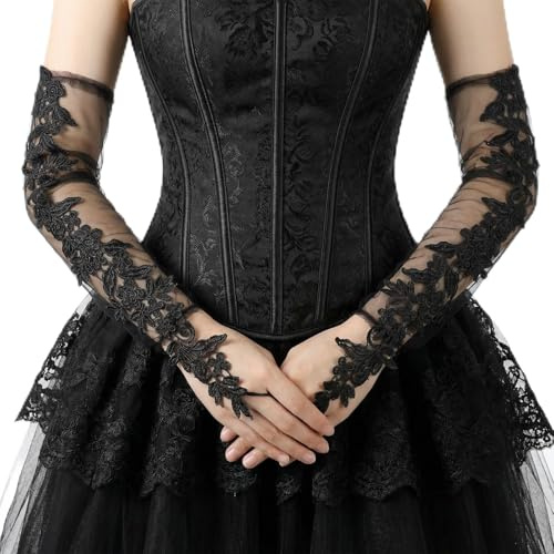 Nogeqi Spitzenhandschuhe Schwarz, Damen Spitze Fingerlose Handschuhe, Lange Abendhandschuhe Hochzeitshandschuhe Brauthandschuhe Für Maskerade Ballkleid Hochzeit Braut Party 1920er Jahre Accessoires