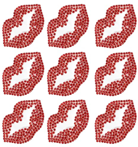 9Pcs Red Lips Iron On Patches, Rhinestone Transfer Motifs for Clothes, Sparkly Crystal Kiss Applique Badges for T-Shirts Bags Jackets Jeans, DIY Hot Fix Garment Embellishments Decoration Repair 5x3cm