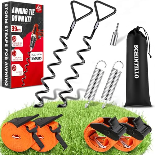 Kit D'arrimage pour Auvents Sangles Anti-tempête pour Auvent | Protection Anti-tempête pour Auvents avec Ancrages au sol Spiralés de 39 cm, Résistant à 110 km/h, 850 Lbs Exzellenter Griff