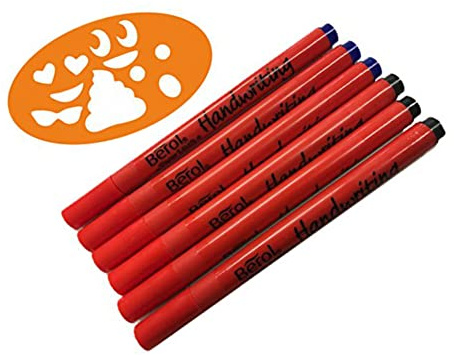 Berol Handwriting Pen Stick - 3 Blue & 3 Black with Emoji Stencil
