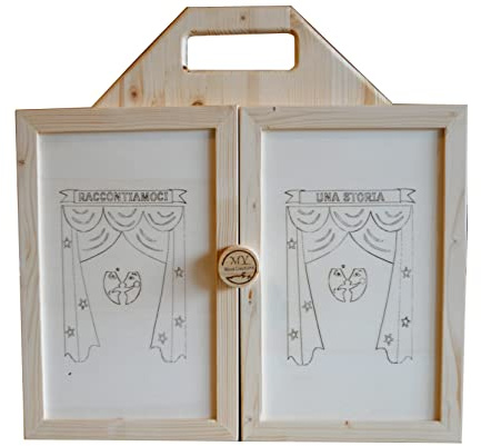 Teatrino in Legno fatto a Mano, Gioco Portatile per Bambini. Kamishibai. Teatro Giapponese delle Ombre + Scatola con Personaggi, Marionette in Legno Favola I Tre Porcellini.