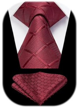 HISDERN Herren Krawatte Bordeaux Formelle Klassische Karierte Krawatten mit Einstecktuch Hochzeit Herrenkrawatte und Taschentuch Set für Männer