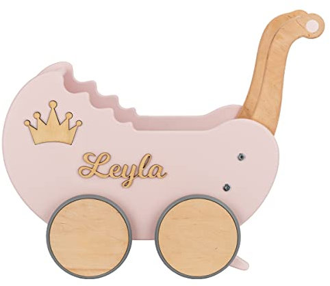 Landau de Poupée en Bois Light Rainbow Individuellement avec des Noms - Chariot Pousseur bébé Bois - Poussette Poupee Décoration - Poussette Canne Poupee - Chariot Enfant (Rose poudré)