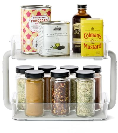 madesmart Tiered Spice Organizer, 8 Jars for Kitchen Essentials, Vertical Storage for Salt, Pepper, Cayenne, Soft-Grip Lining, Dual Handles, Grey