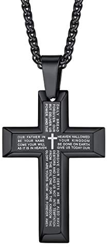 Suplight Lord's Prayer Cross Necklace Classic Pendant Christian Bible Verse Necklace Stainless Steel Black Cross Our Father Prayer Necklace for Men Boys