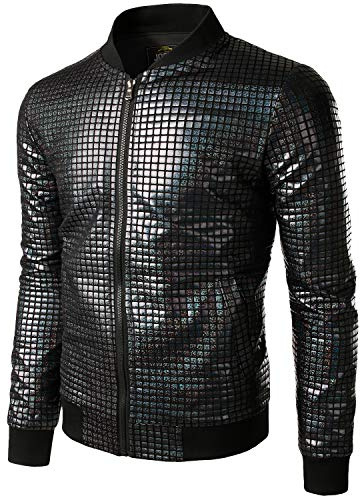 JOGAL Herren Metallic Pailletten Baseball Bomberjacke 70er Disco Party Kostüm
