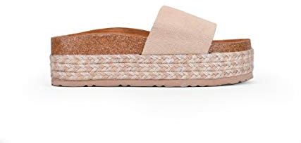 BOSANOVA Sandalias Estilo Pala confeccionadas en Ante con una Tira Ancha al Empeine, Suela Bio de Corcho y Plataforma de Esparto Bicolor. Sin Cierre. Calzado para Mujer Beige 39