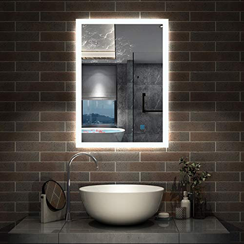 Aica Sanitär LED Spiegel 50×70cm Badspiegel mit Beleuchtung Lichtspiegel Badezimmerspiegel Dekorative Wandspiegel Touch-Schalter Antibeschlag IP44 Kaltweiß energiesparend