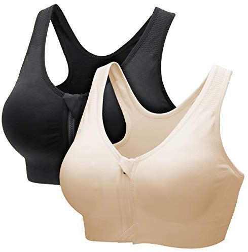 CARETOO Damen Sport BH Stark Halt Active Bra Höhe Beanspruchung Trainieren Bustier Fuer Yoga Fitness - Mit Reißverschluss Schwarz + Beige, L