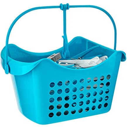 50 Large Clothes Pegs in Hanging Storage Basket for Washing Line Laundry Airer Strong Basket Garments Indoor/Outdoor Assorted Colours Pegs with Basket (Blue)