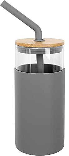 ANOTION Glass Tumbler with Straw and Lid 24oz, Glass Water Bottle Glass Cup with Straw Travel Cup with Silicone Protective, Drinking Glasses with Bamboo Lid, Gray