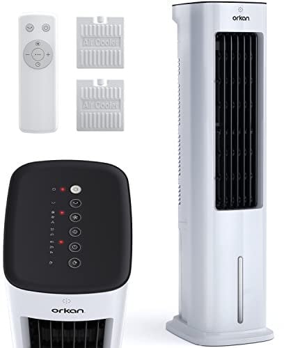 Orkan 5L Evaporative Air Cooler & 33.5 Tower Fan | 3-In-1 Functionality | 4 Operation Modes | 3 Fan Speeds | 7 Hour On/Off Timer | 60° Automatic Oscillation | Includes Remote Control & 2 Ice Packs