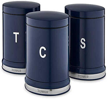 Tower T826171MNB Belle Set of 3 Canisters, Tea/Coffee/Sugar Storage, Midnight Blue, Steel