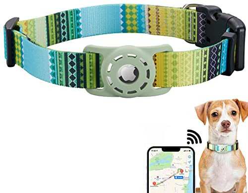 Konity AirTag Katzenhalsband, kompatibel mit Apple AirTag, Polyester-Halsband für Kätzchen, Welpen, mit Silikon-AirTag-Halterung für kleine Hunde, Bohemia Green, XS: 20,3 - 30,5 cm Halsumfang