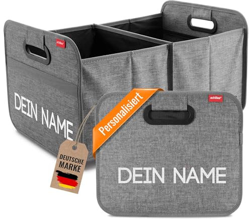 achilles Auto Faltbox mit Name, Kofferraumtasche personalisierbar, Kofferraum-Organizer, Autotasche, Falt-Korb, Kofferraumtasche, Box mit Druck, Grau, 50 cm x 32 cm x 27 cm