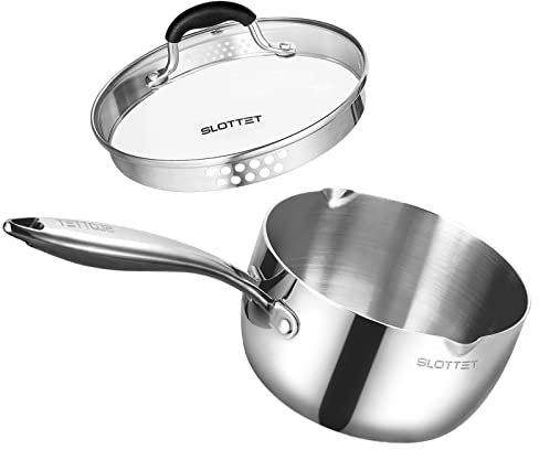 SLOTTET Tri-Ply Whole-Clad Stainless Steel Sauce Pan with Pour Spout,1.5 Quart Small Multipurpose Pasta Pot with Strainer Glass Lid, Saucepan for Cooking with Stay-cool Handle.