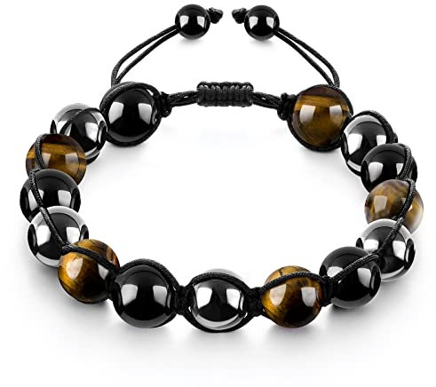 Emibele Heilungsarmband mit 10mm Perlen, 1 Schicht Perlenarmband aus Tigerauge Stein Schwarz Obsidian Hämatit, Dreifach Schutz Handgewebt Armkette Natursteinarmband mit Glück für Männer und Frauen