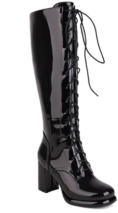 JIEEME Bottines montantes au genou en cuir verni Bout rond Fermeture éclair Lacets Talon haut Talon haut avec bottes longues faites à la main Grande taille Z529-51, Noir , 46 EU