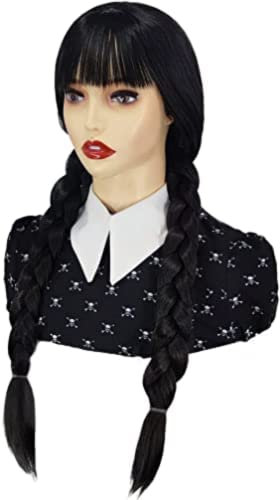 Perücke mit Pony Lange Zöpfe Perücke für Wednesday Kostüm Frauen Mädchen Kostüm Haar Perücke für Party Halloween + Perückenmütze