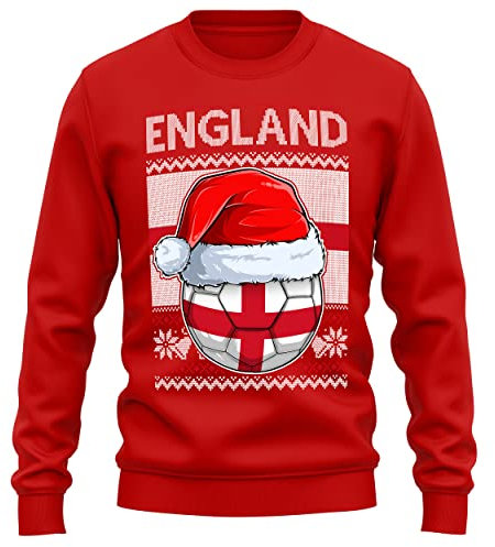 England Christmas Jumper Sweatshirt Unisex Mens and Womens Funny Santa Hat Flag with Football Xmas Fair Isle Ugly Sweater World Champions Gift Cup 2022, L, Red