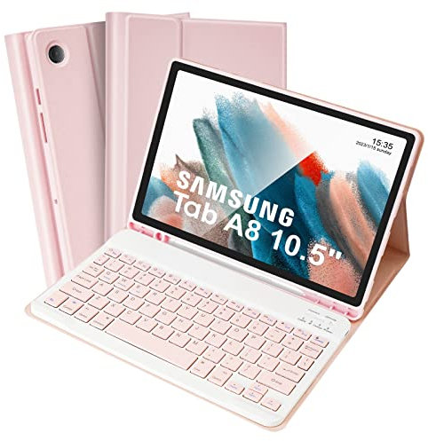 SOPPY Keyboard Case for Samsung Galaxy Tab A8 Tablet Case 10.5 inch, UK Layout, Built-in S Pen Holder, Slim Cover with Detachable Keyboard for Samsung Tab A8 10.5 2021 (SM-X200/ X205 /X207), Pink
