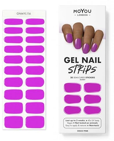 MOYOU LONDON Halbgehärtete UV Gel Strips - 20 Stück - Gel-Nagelfolien UV Härtend für Maniküre in Salonqualität - Disco Pink