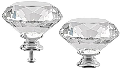 Cabinet Knobs Crystal 2PCS 50mm Clear Glass Diamond Shape Drawer Knobs Diamond Cabinet Dresser Pulls Door Knobs Cupboard Wardrobe Handles for Kitchen Office Cupboard Dresser Drawers (2PCS, Silver)