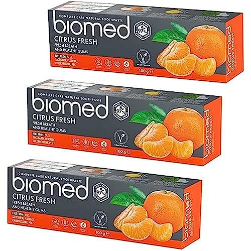 Biomed Citrus Fresh 97% natürliche Zahnpasta | Orange, frischer Atem, gesundes Zahnfleisch | Mandarine Grapefruit Zitrone ätherische Öle, Fruchtgeschmack, vegetarisch, SLES frei, 100 g (3 Stück)