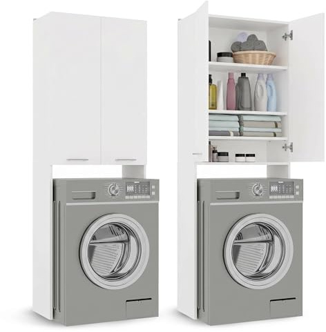 CDF Mueble Alto para Lavadora Secadora Armario Alto de Baño WC Cocina con 4 Estantes 2 Puertas Columna Organizador Cosméticos Detergente Estantería Moderna – Blanco