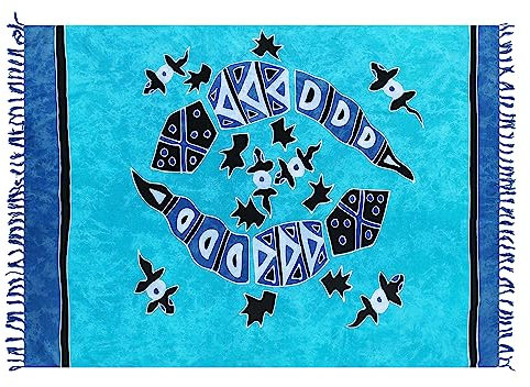 SAIVONA Pareo Sarong Strandtuch Damen-Wickelrock Strand-Handtuch Wickeltuch oder Handtuchkleid und Wickelkleid Damen-Handarbeit aus Fair Trade Herstellung Batik Türkis Gecko