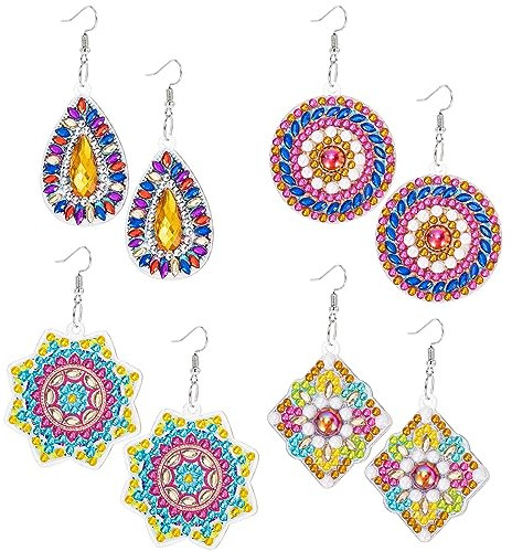 JSRQT 4 Paare Diamond Art Painting Ohrringe, Set mit 5D Diamant Ohrringen, Doppelseitige DIY Malerei Ohrringe, Vintage Ohrring Herstellungsset, Boho Ohrhänger für Frauen Mädchen