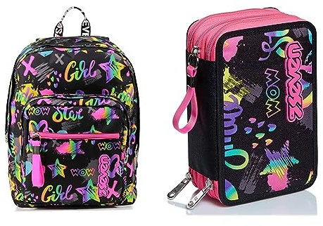Seven Zaino Scuola Extra Fit, Nero Fantasia, Iridescent, Zaino Doppio Scomparto Super Capiente & Astuccio Scuola 3 Zip, Nero Fucsia, Iridescent