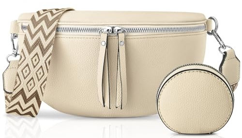 PASUDA Damen Umhängetasche Leder Beige Bauchtasche Für Damen Crossbody Bag mit Breitem Schultergurt Hüfttasche Gürteltasche Geldbörse Klein Stylisch (Beige)